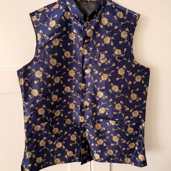 Blue/Gold Men's Kurta Vest - Nehru / Bandi Jacket (L/XL) - Picture 2 of 2